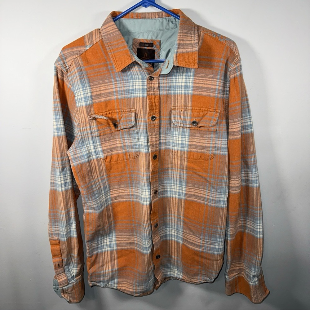 prAna Men’s Med Tall Plaid Flannel Button Up Shirt Long Sleeve Casual Outdoor